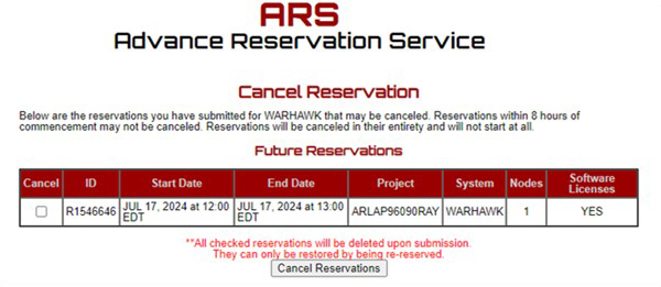 ARS Reservation Cancellation Page