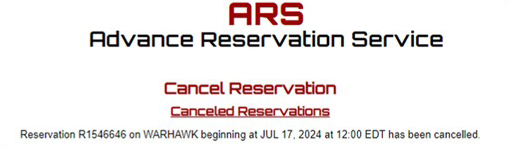 ARS Reservation Cancelled Page