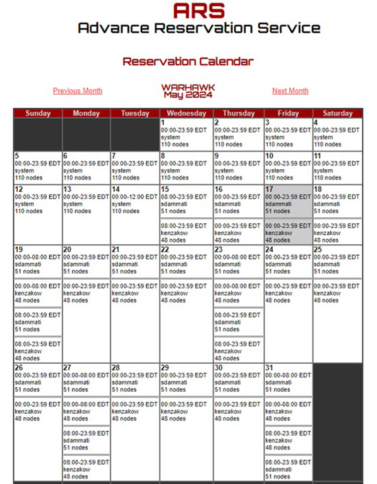 ARS Reservation Calendar Page