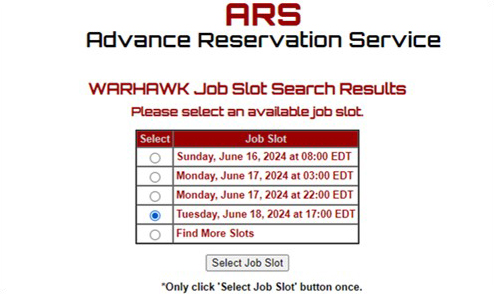 ARS Job Slot Search Results Page