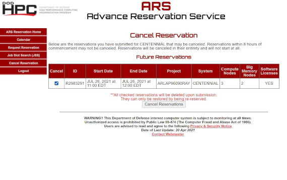 ARS Reservation Cancellation Screen