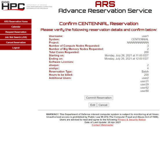 ARS Reservation Confirmation Screen