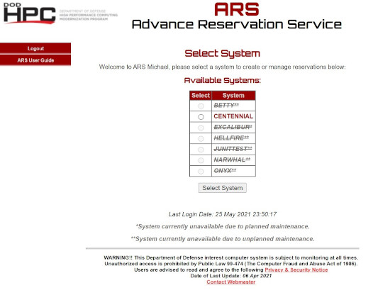 ARS Select System Page