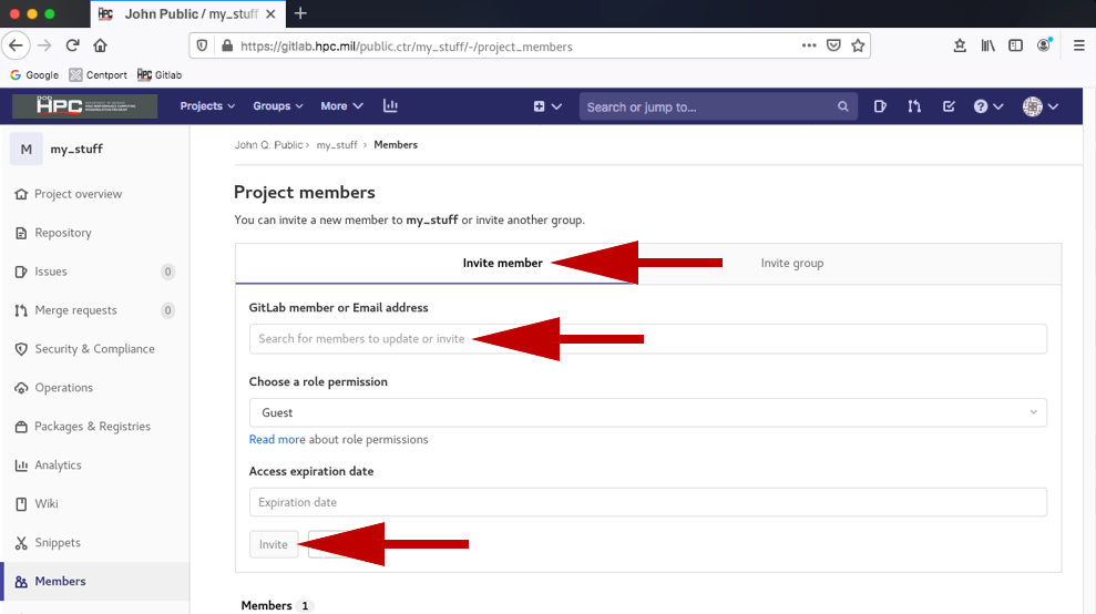 GitLab project members page with pointers to the referenced areas.