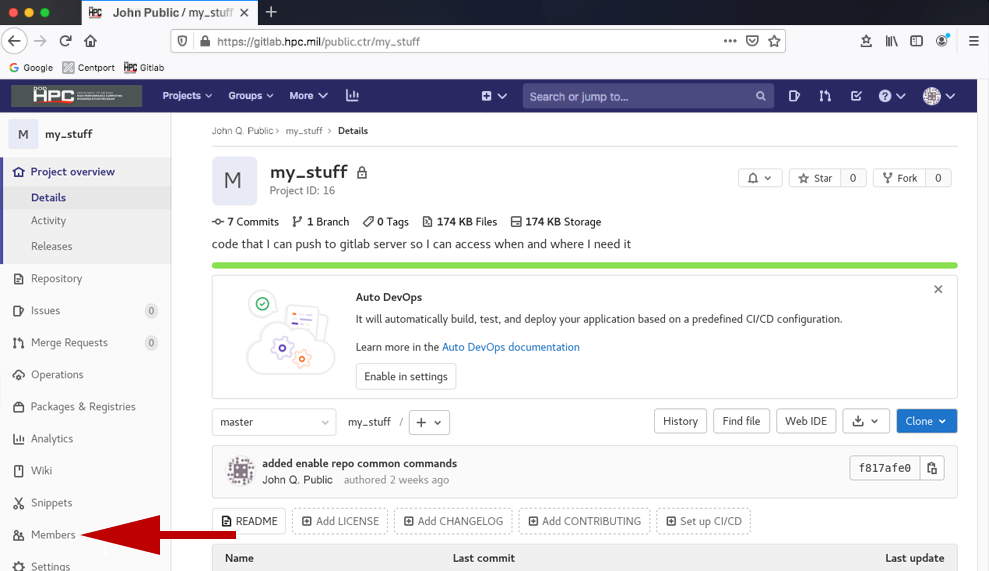 GitLab project base page with pointer to the Members tab